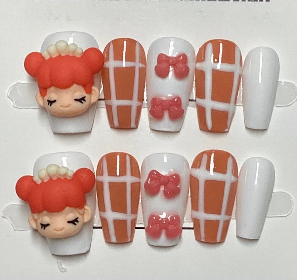Kawaii Coquette Rolife Nanci Plaid Bow Coffin Handmade Press-On Nails Small